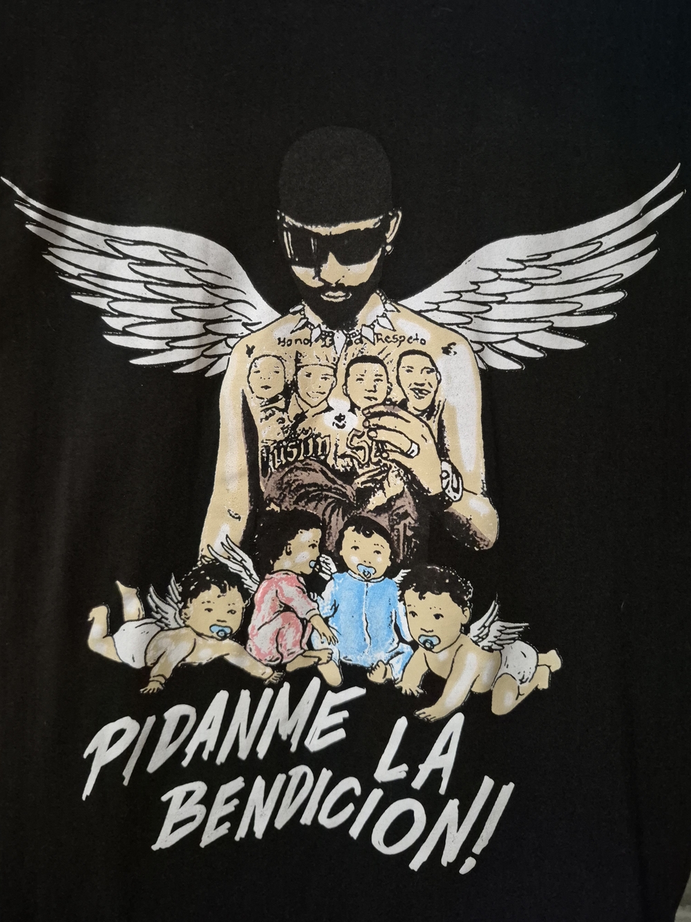 Angel Black Tee with White Wings and Multicolor Cherub Art